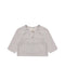 A short-sleeve children's henley top with a light blue gingham pattern, featuring a buttoned placket and three wooden buttons, displayed flat against a white background.