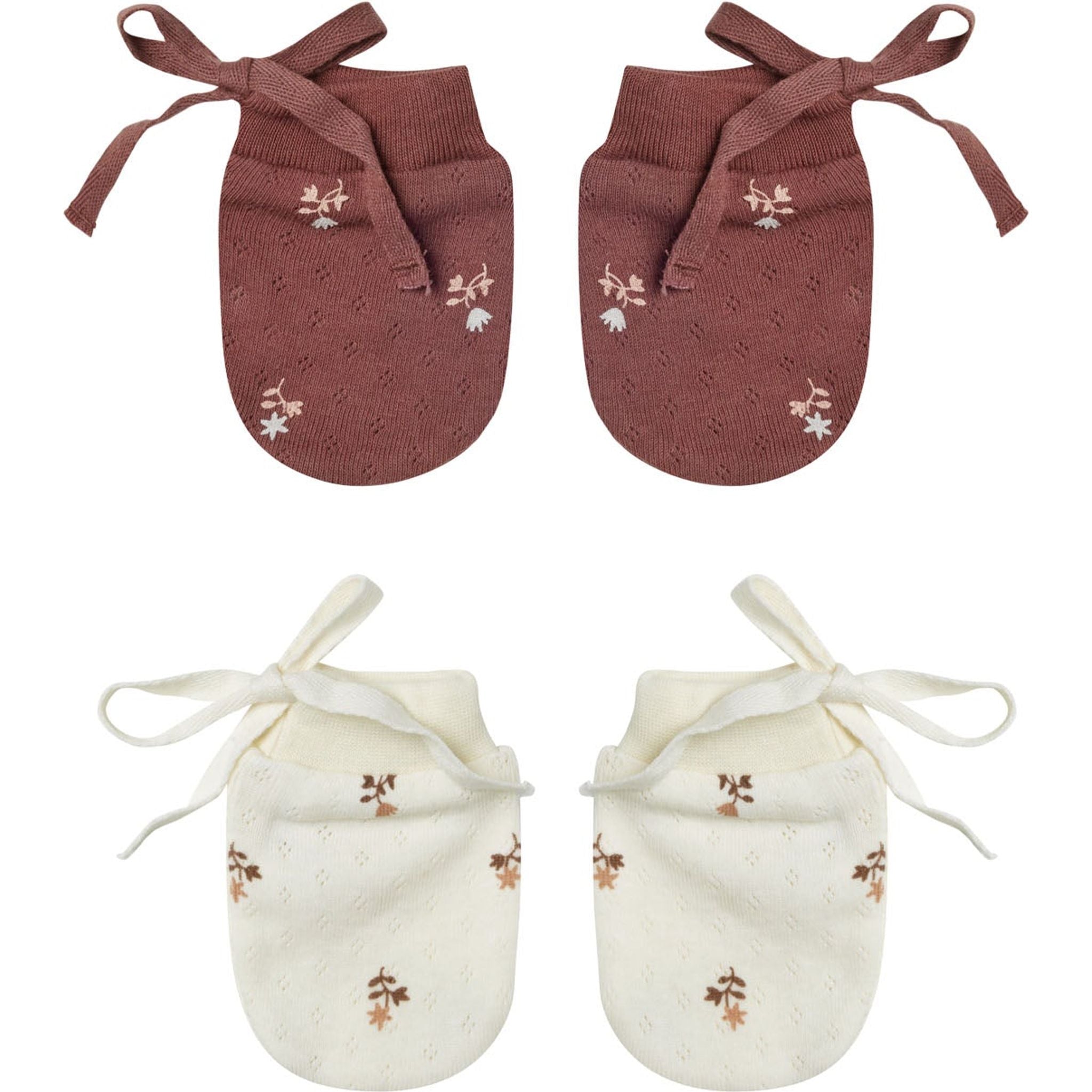 no scratch mittens in ivory and plum color ways with tiny flower prints