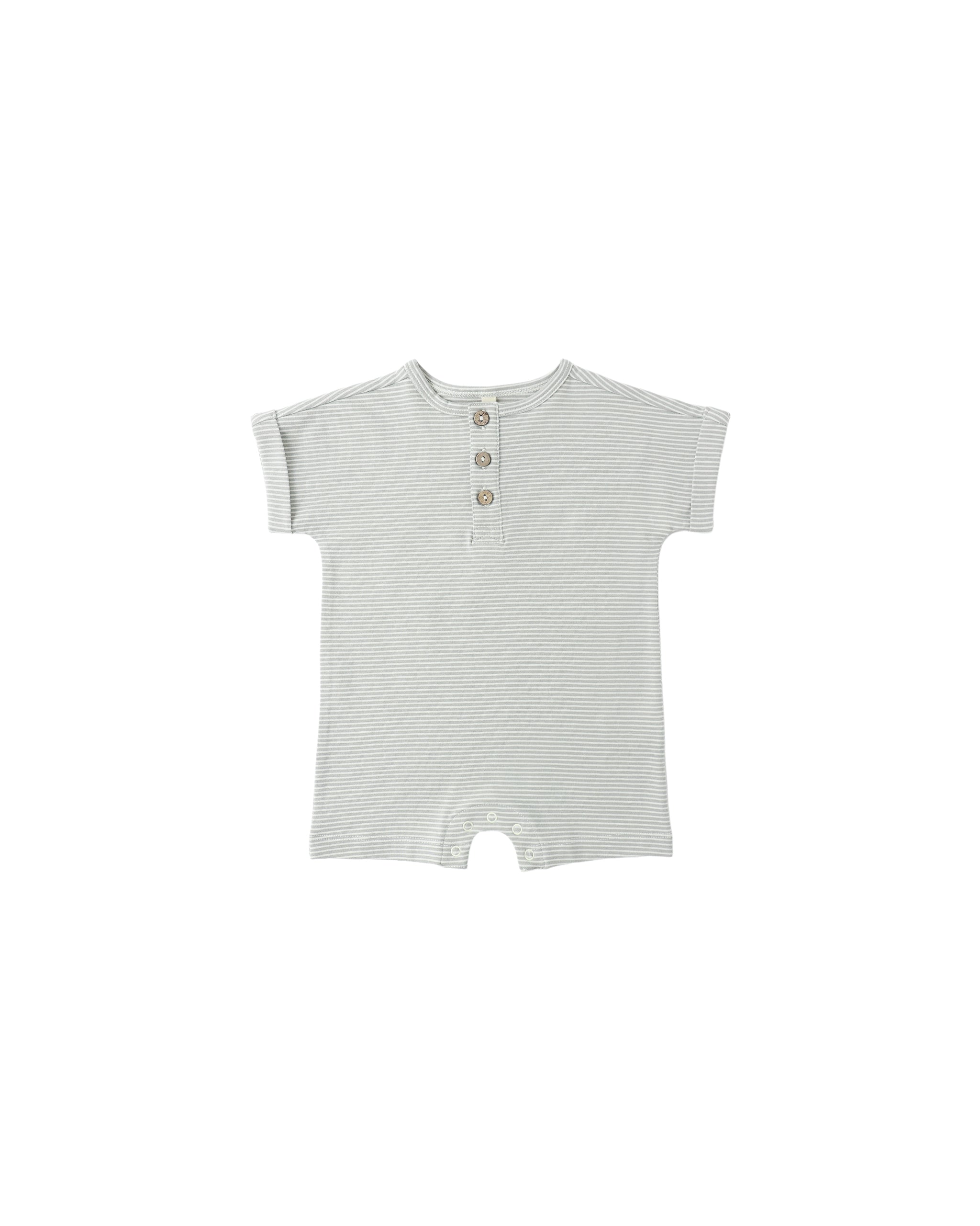 Sage striped baby romper on a white background