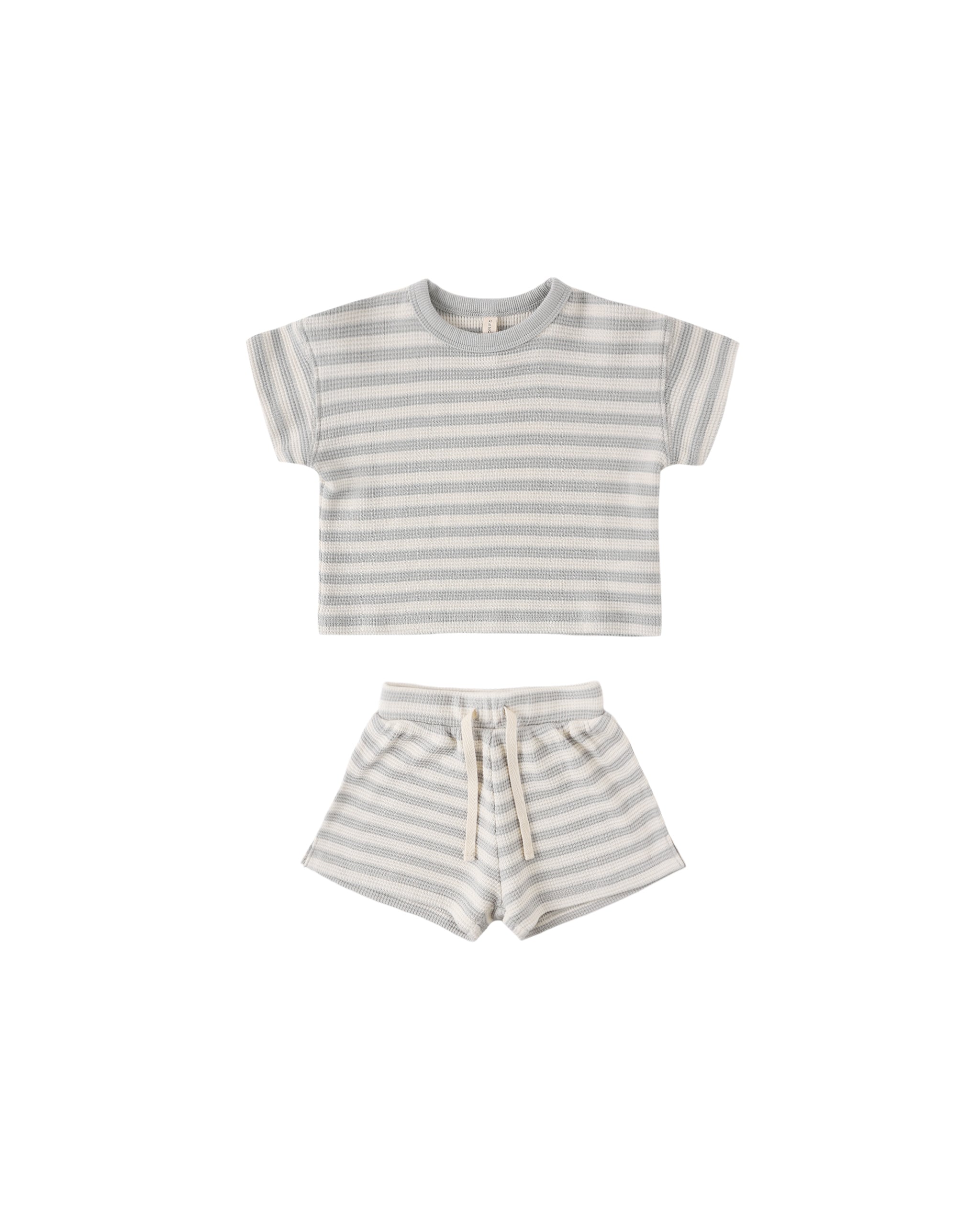 Two piece blue and white waffle short set