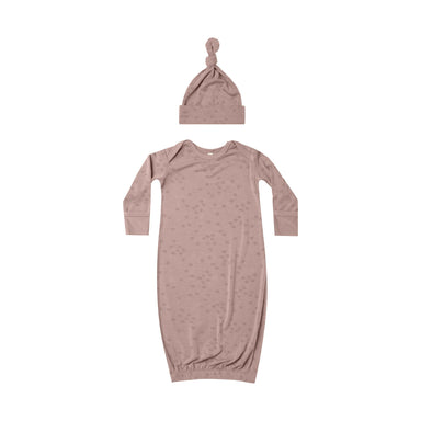 mauve colored baby gown with elastic bottom with matching knotted hat 