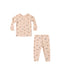 A two-piece children's pajama set featuring a long-sleeve top and matching pants in a warm cream color, both printed with a repeating pattern of small Halloween candy.
