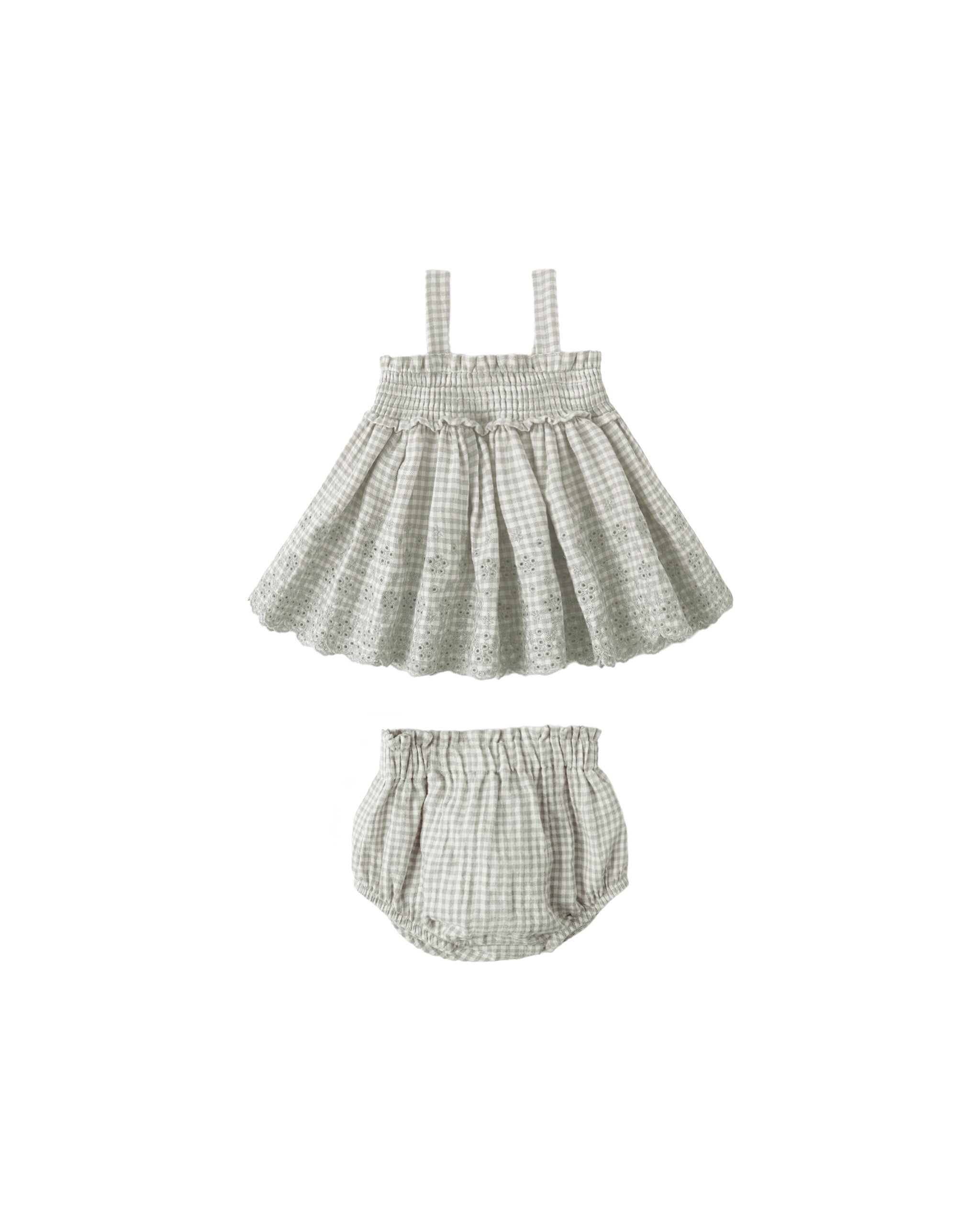 Girls sage green gingham checkered skirt and bloomers set on a white background