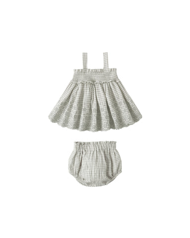 Girls sage green gingham checkered skirt and bloomers set on a white background