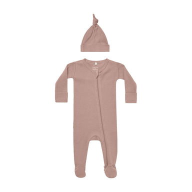 mauve colored waffle zipper footie with matching knotted hat
