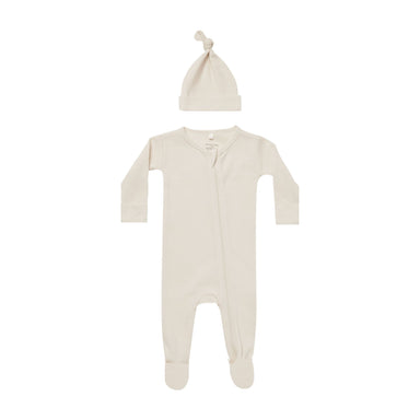 cream colored waffle zipper footie with matching knotted hat