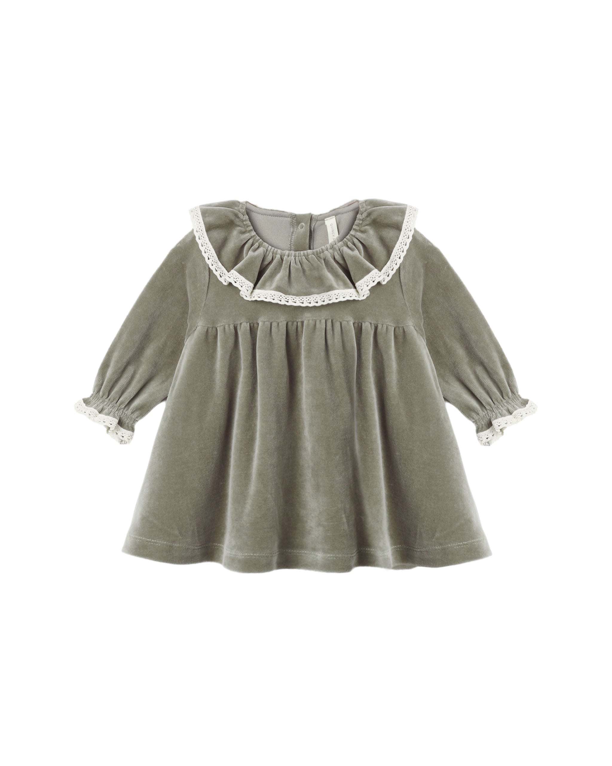 A toddler girl's long-sleeve dress in sage green velvet, featuring a large white ruffled collar with lace trim and matching lace trim on the elasticized cuffs.