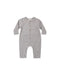 A black gingham jumpsuit featuring square patch pockets on the front and buttons down the center for easy changing.