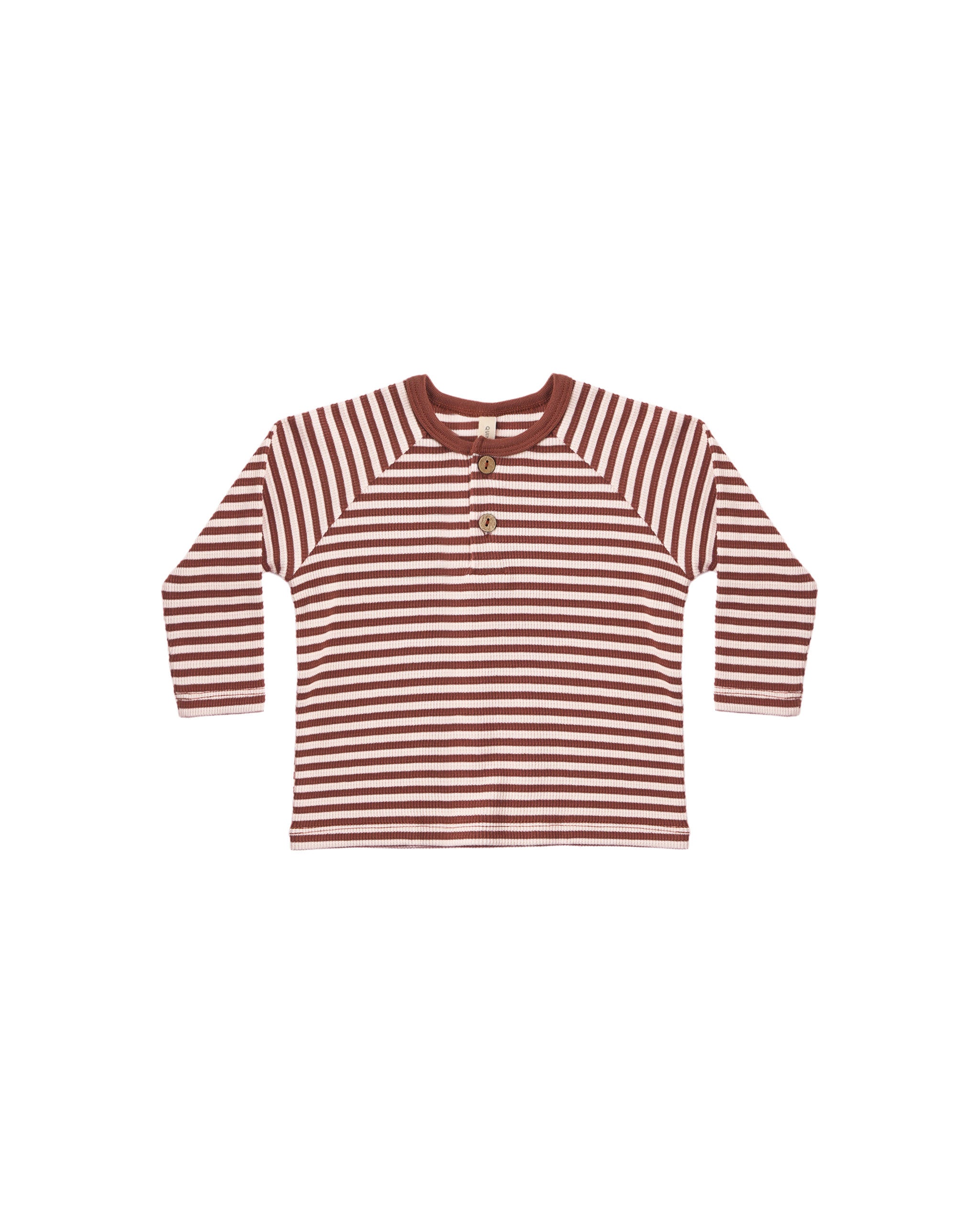 A long-sleeve baby henley shirt with horizontal rust red and cream stripes, featuring a three-button placket, displayed flat against a solid white background.