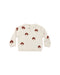 An off-white knit baby cardigan featuring an all-over pattern of small brown and cream mushrooms, displayed flat against a solid white background.