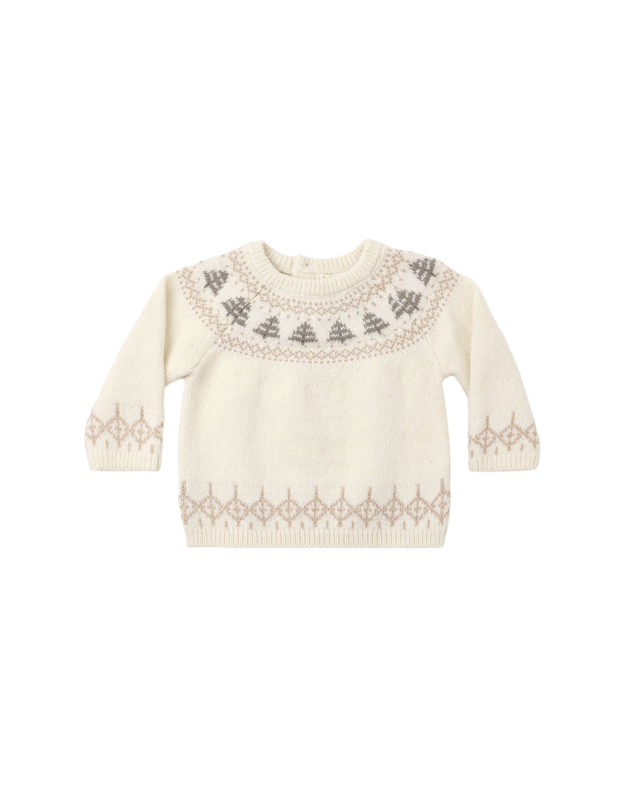 A cream-colored knit baby sweater with a Fair Isle pattern featuring gray pine trees around the yoke and a beige geometric pattern on the cuffs and hem.