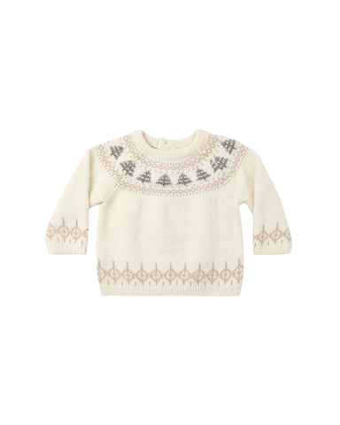 A cream-colored knit baby sweater with a Fair Isle pattern featuring gray pine trees around the yoke and a beige geometric pattern on the cuffs and hem.
