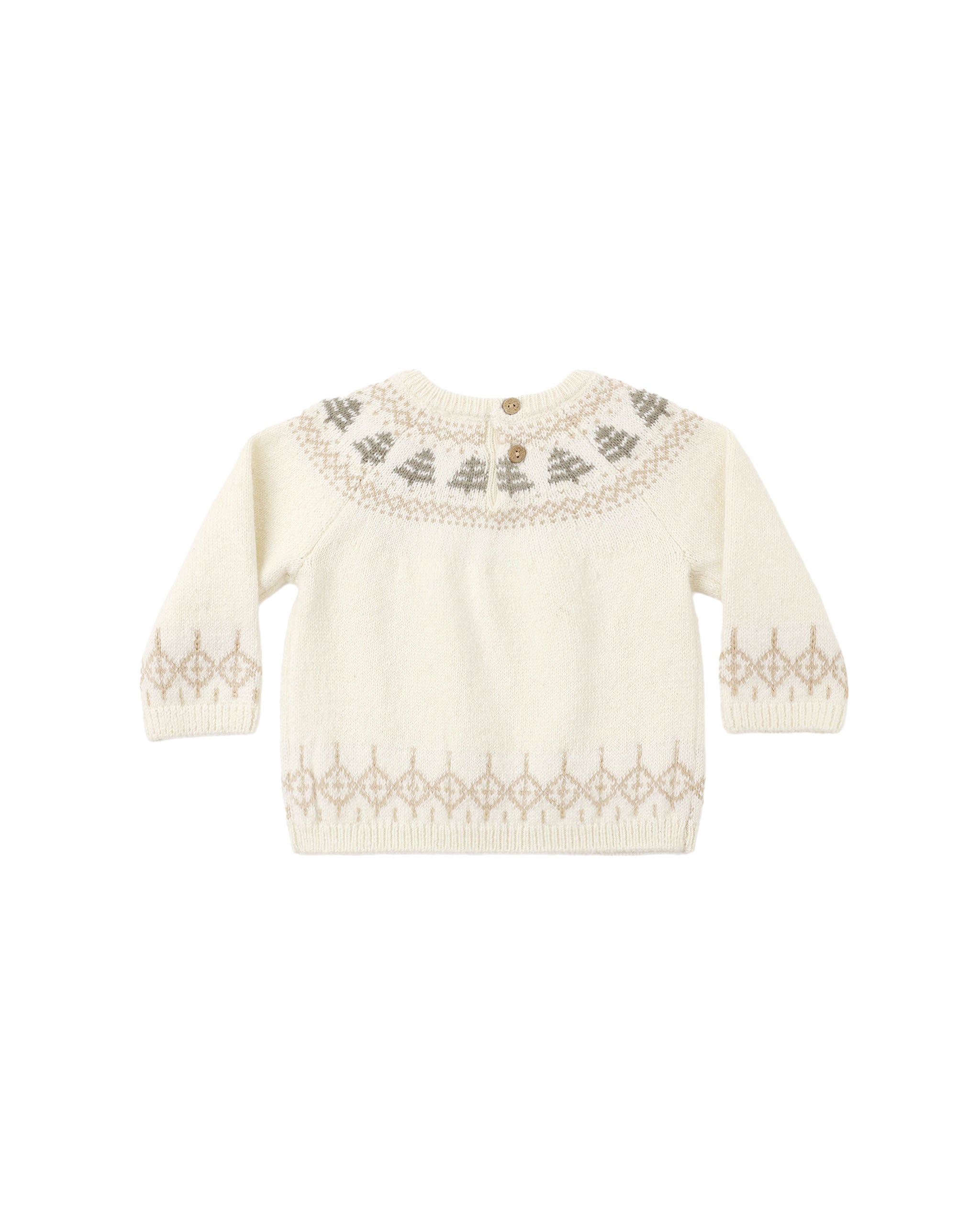 A cream-colored knit baby sweater with long sleeves, featuring a decorative yoke pattern of gray trees and a beige geometric border on the cuffs and hem.