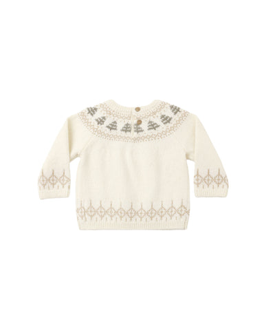 A cream-colored knit baby sweater with long sleeves, featuring a decorative yoke pattern of gray trees and a beige geometric border on the cuffs and hem.