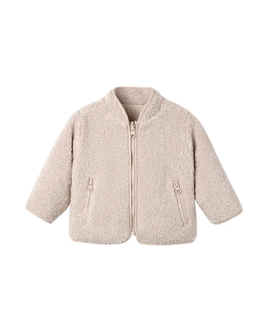 A beige sherpa fleece zip-up jacket with a stand collar and two vertical zippered pockets, shown flat on a white background.