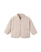A beige sherpa fleece zip-up jacket with a stand collar and two vertical zippered pockets, shown flat on a white background.