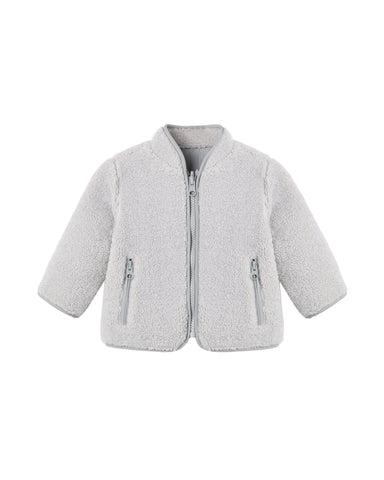 Light gray fleece jacket with zippers on a white background