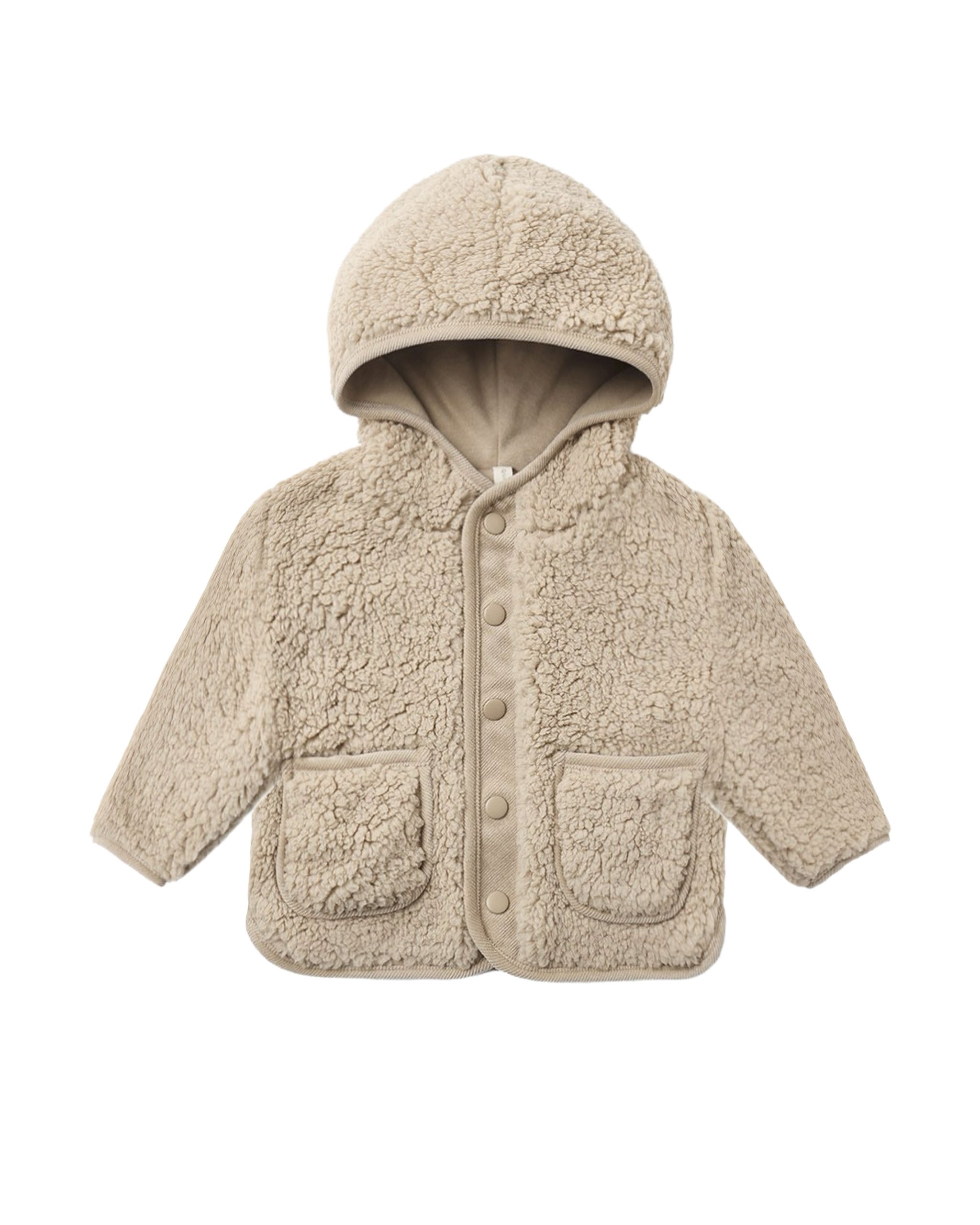 A beige sherpa fleece hooded jacket with a button front and two front patch pockets, shown on a plain white background.