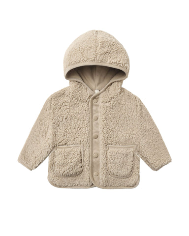 A beige sherpa fleece hooded jacket with a button front and two front patch pockets, shown on a plain white background.