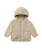 A beige sherpa fleece hooded jacket with a button front and two front patch pockets, shown on a plain white background.