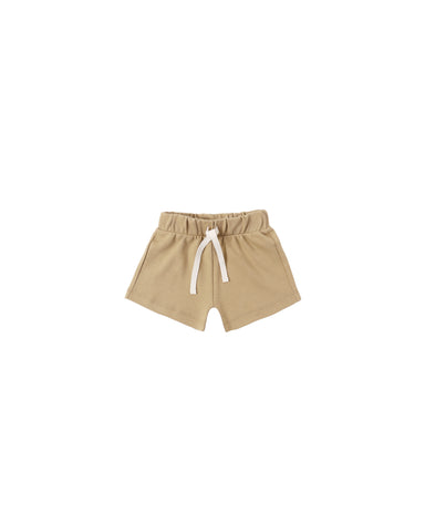 Beige shorts with a drawstring on a white background