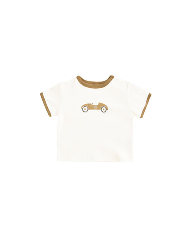 White t-shirt with brown trim and a small car graphic on a white background