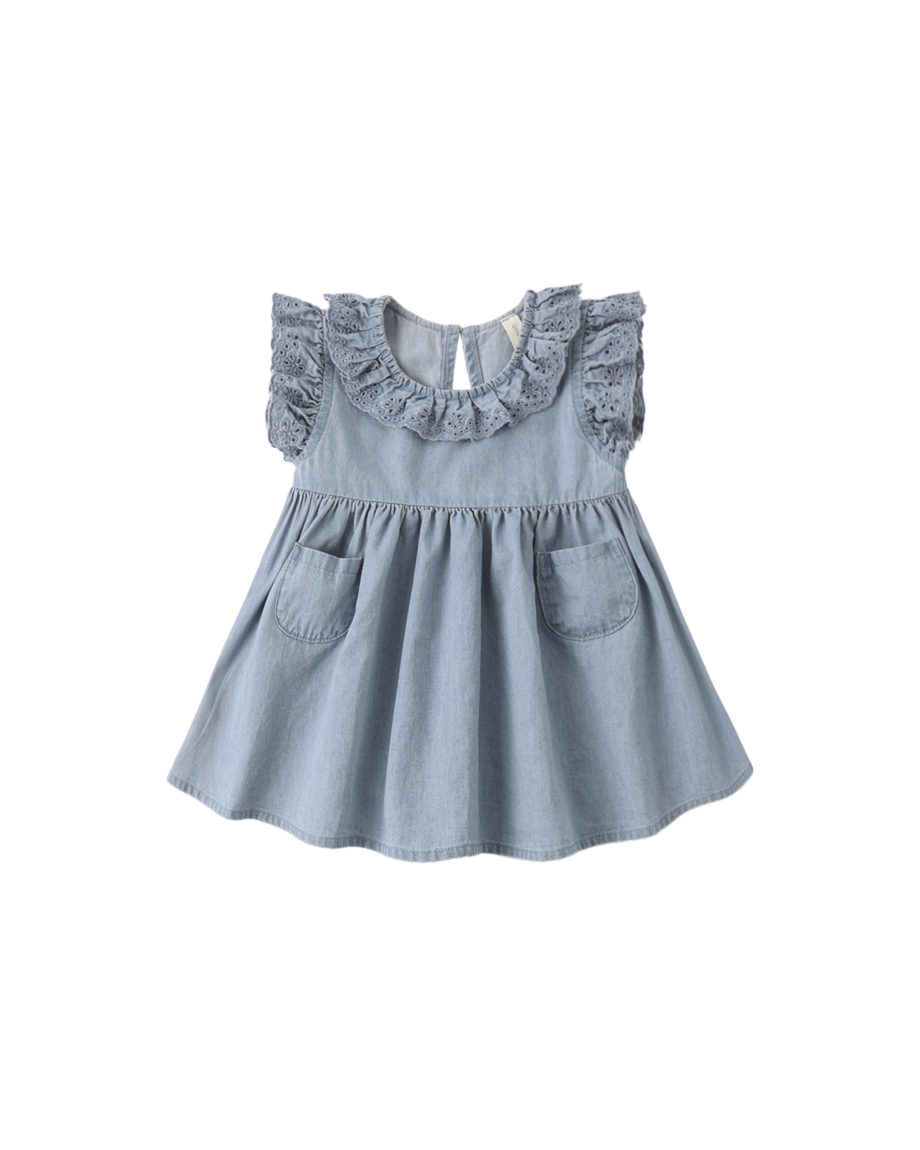 Light chambray blue dress with ruffled neckline on a white background
