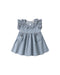 Light chambray blue dress with ruffled neckline on a white background