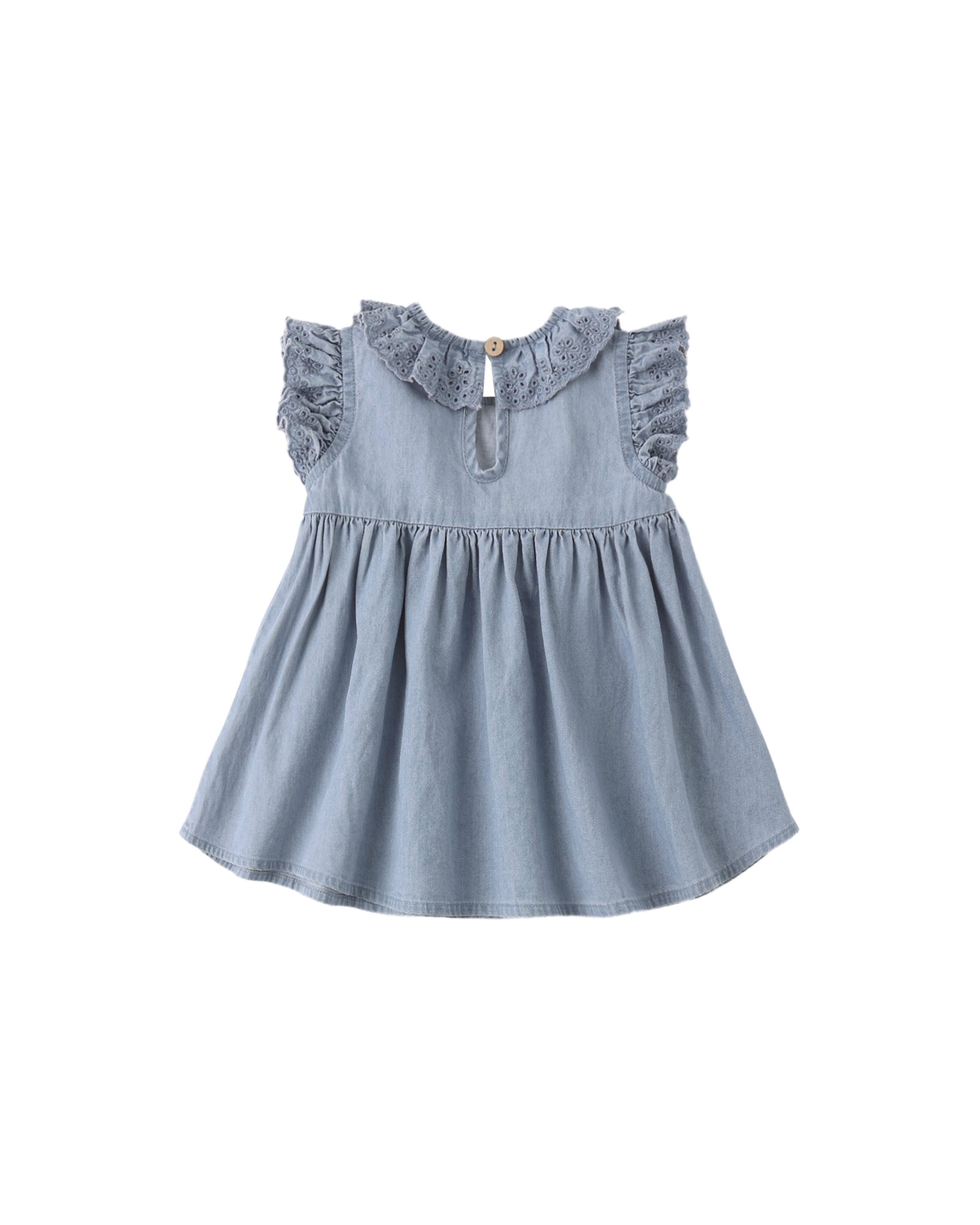 Light Blue chambray dress with ruffled sleeves on a white background