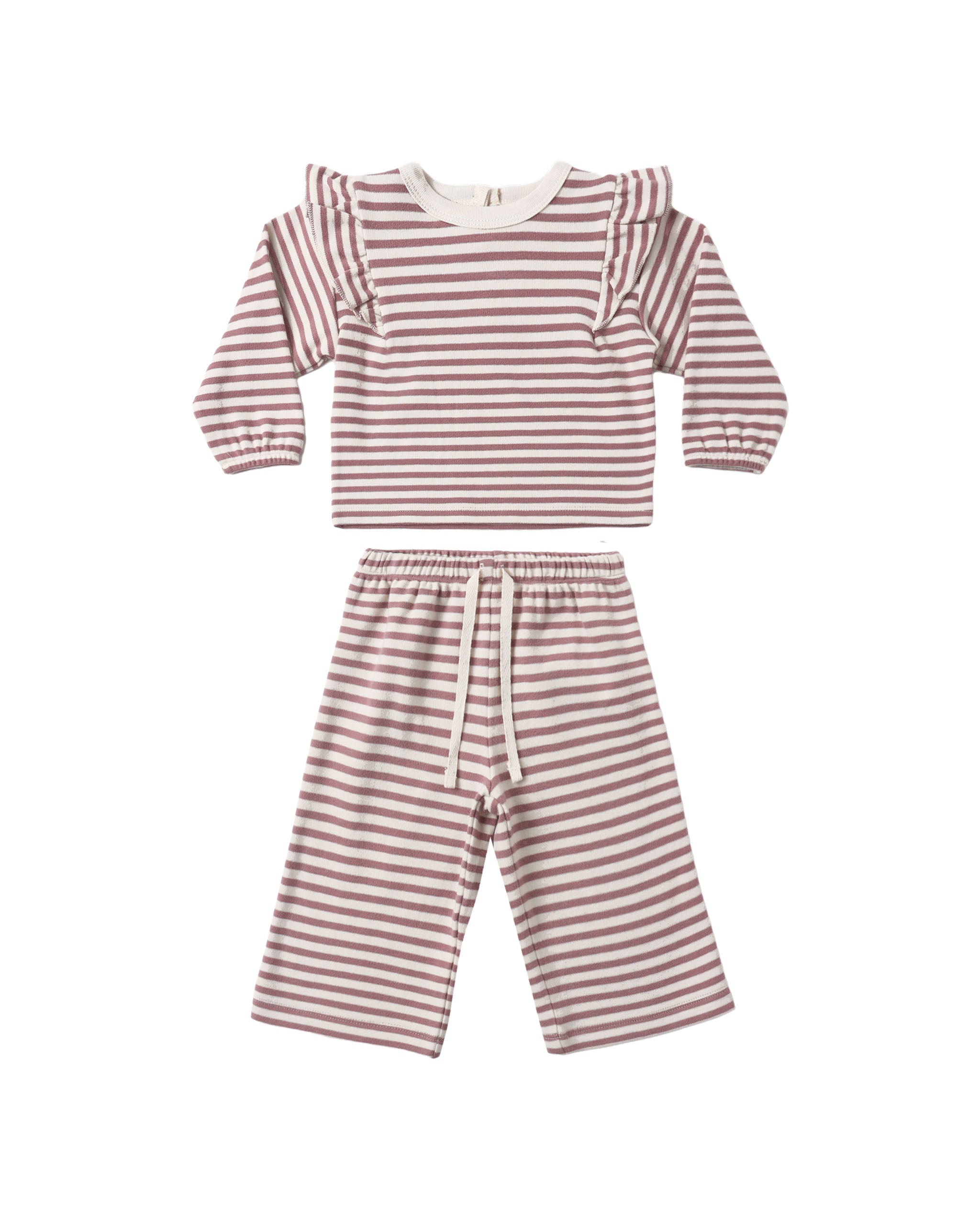 A two-piece baby outfit set featuring a long-sleeve top with ruffle shoulder details and matching drawstring pants, both in a dusty rose and white horizontal stripe pattern, shown on a plain white background.