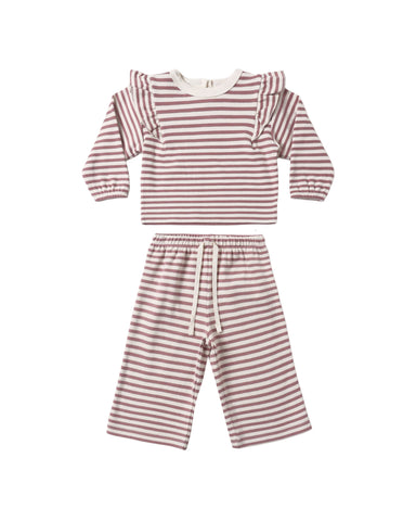A two-piece baby outfit set featuring a long-sleeve top with ruffle shoulder details and matching drawstring pants, both in a dusty rose and white horizontal stripe pattern, shown on a plain white background.
