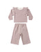 A two-piece baby outfit set featuring a long-sleeve top with ruffle shoulder details and matching drawstring pants, both in a dusty rose and white horizontal stripe pattern, shown on a plain white background.