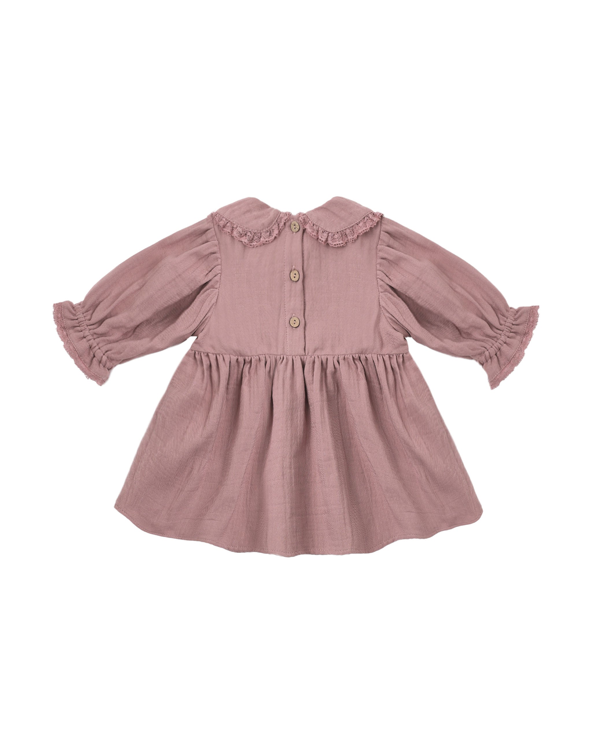 A dusty rose pink long-sleeve baby dress with a ruffled Peter Pan collar, buttoned front, and gathered skirt, shown on a plain white background.