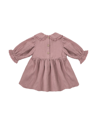 A dusty rose pink long-sleeve baby dress with a ruffled Peter Pan collar, buttoned front, and gathered skirt, shown on a plain white background.