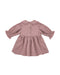 A dusty rose pink long-sleeve baby dress with a ruffled Peter Pan collar, buttoned front, and gathered skirt, shown on a plain white background.