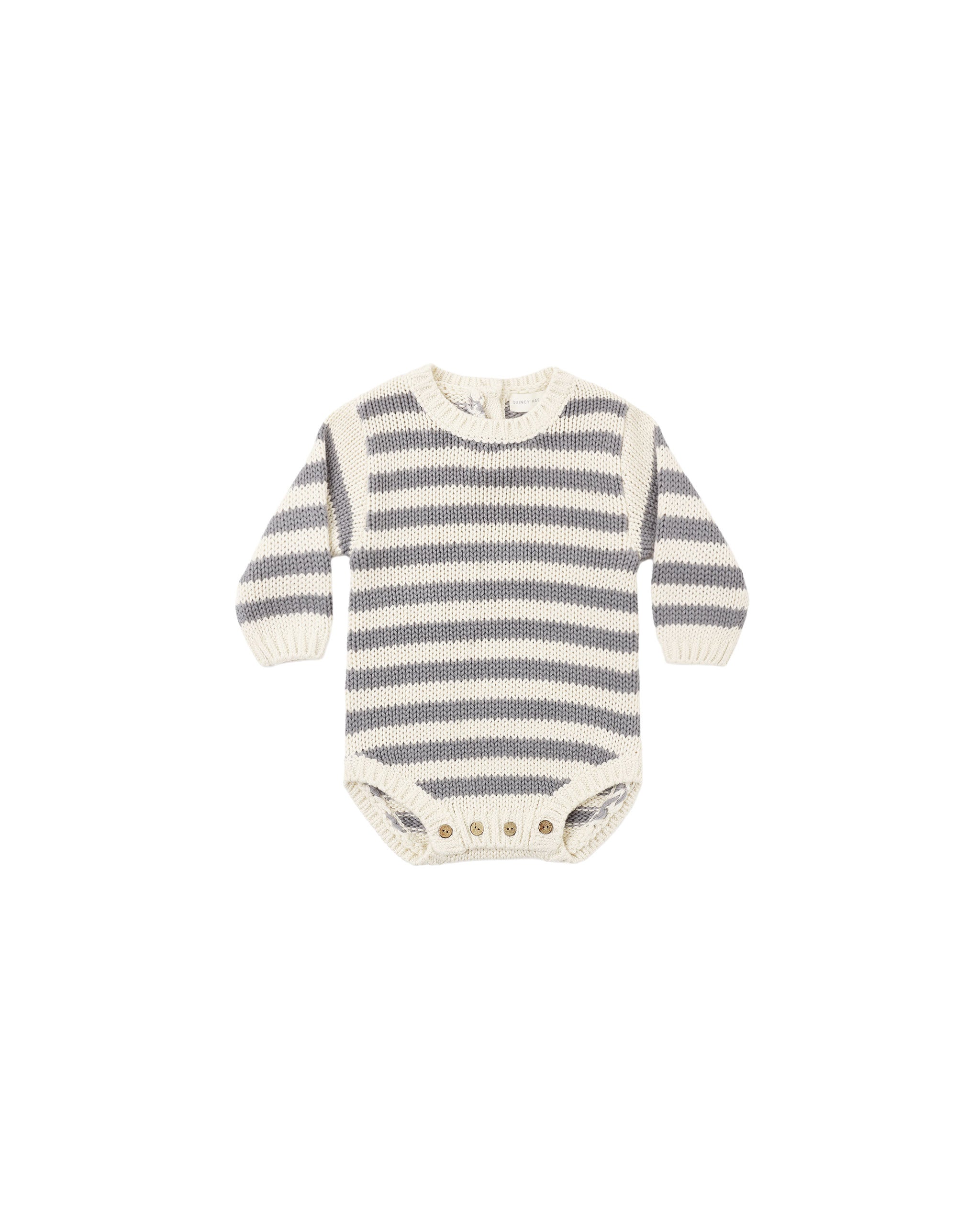 A baby long-sleeve knit bodysuit with horizontal gray and off-white stripes, featuring a crew neck and three snap closures at the crotch.