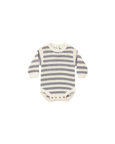 A baby long-sleeve knit bodysuit with horizontal gray and off-white stripes, featuring a crew neck and three snap closures at the crotch.