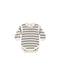 A baby long-sleeve knit bodysuit with horizontal gray and off-white stripes, featuring a crew neck and three snap closures at the crotch.