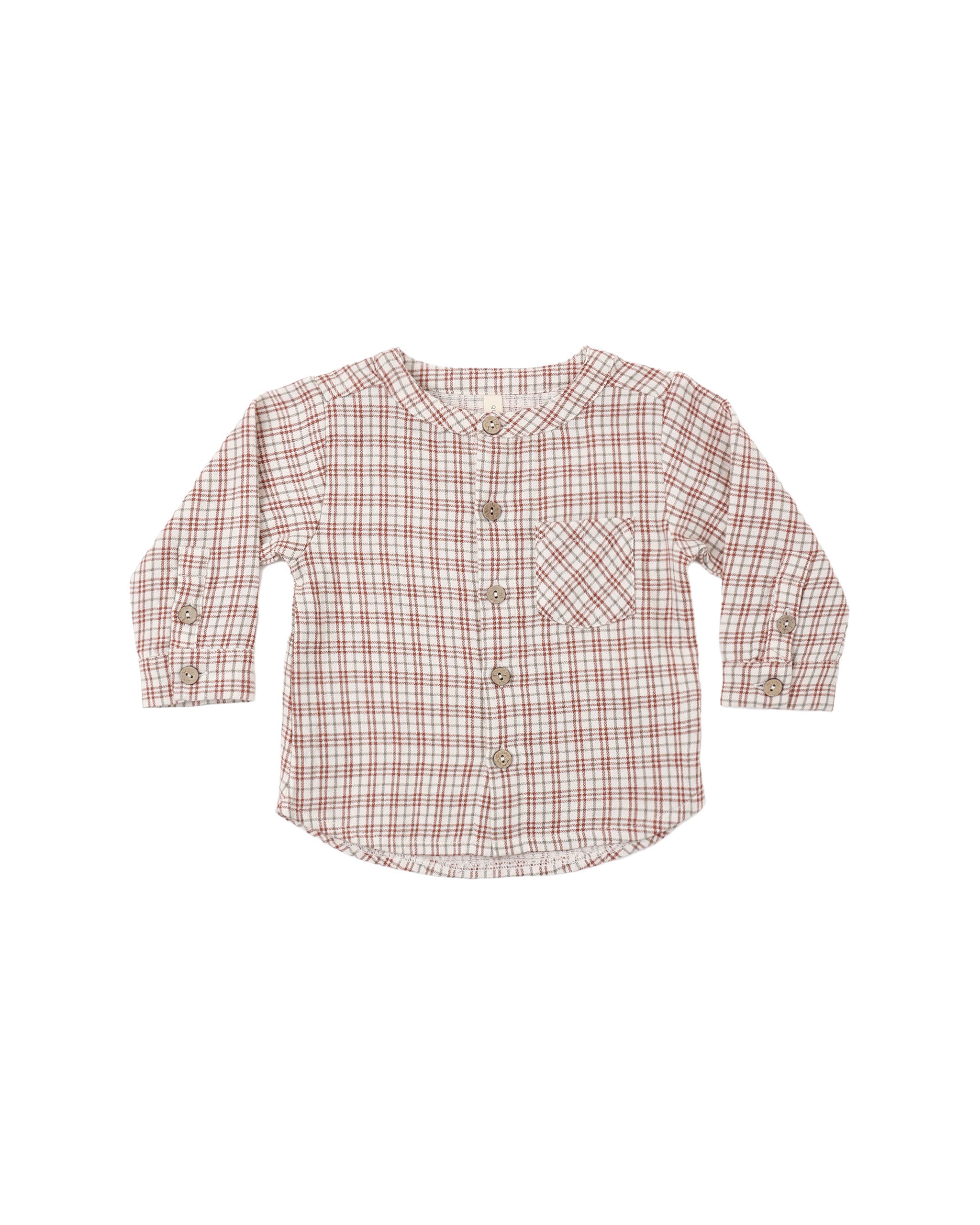 A long-sleeve button-up shirt for toddlers, featuring a red and white plaid pattern, a chest pocket, and decorative buttons on the cuffs and front.