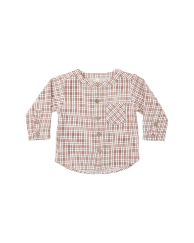 A long-sleeve button-up shirt for toddlers, featuring a red and white plaid pattern, a chest pocket, and decorative buttons on the cuffs and front.