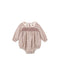 A baby long-sleeve romper with a brown and beige plaid pattern, featuring a smocked chest, a cream lace collar with embroidered flowers, and a ruffled leg opening.