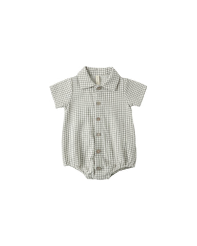 Sage green gingham baby romper on a white background