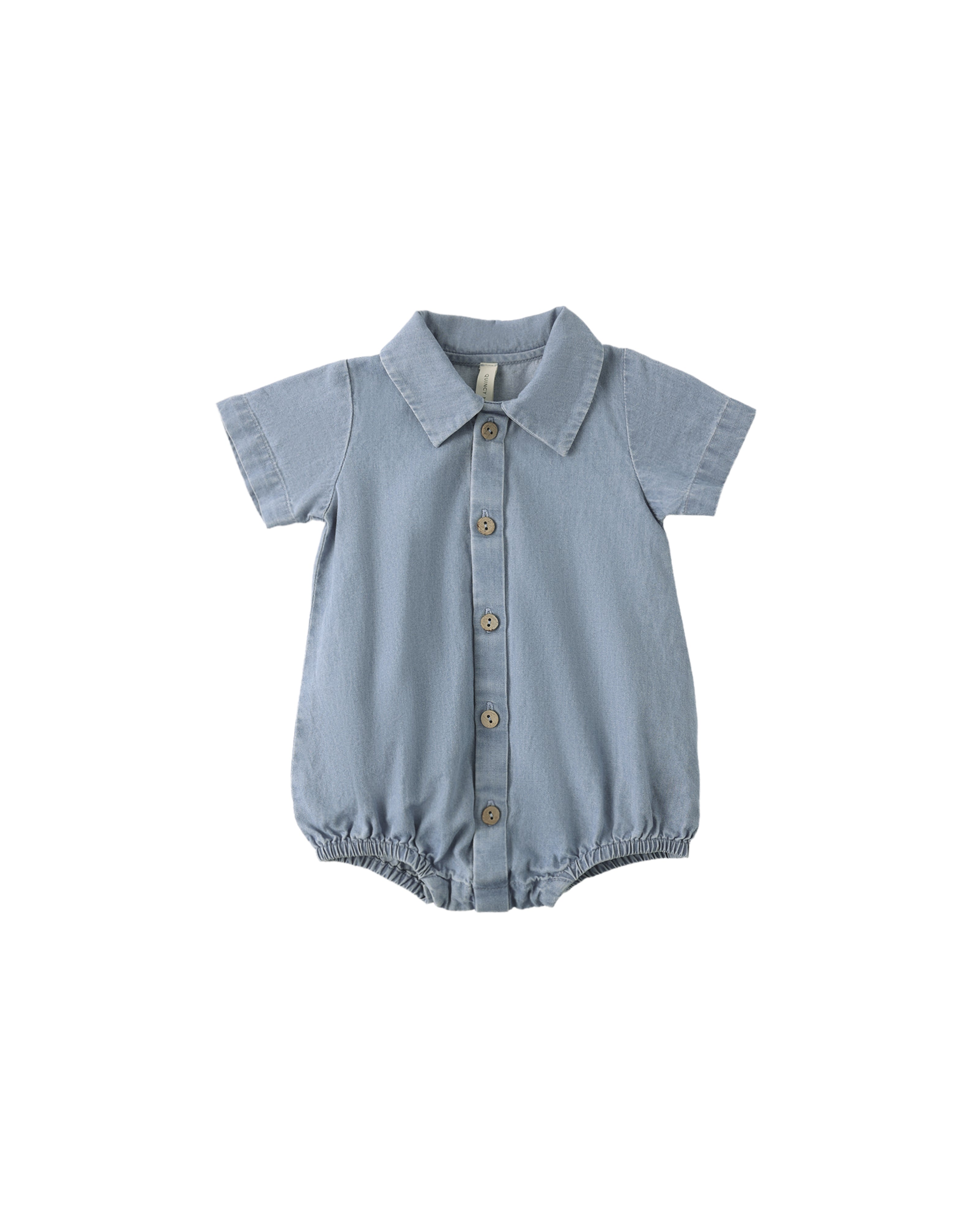 Blue chambray baby romper with collar on a white background