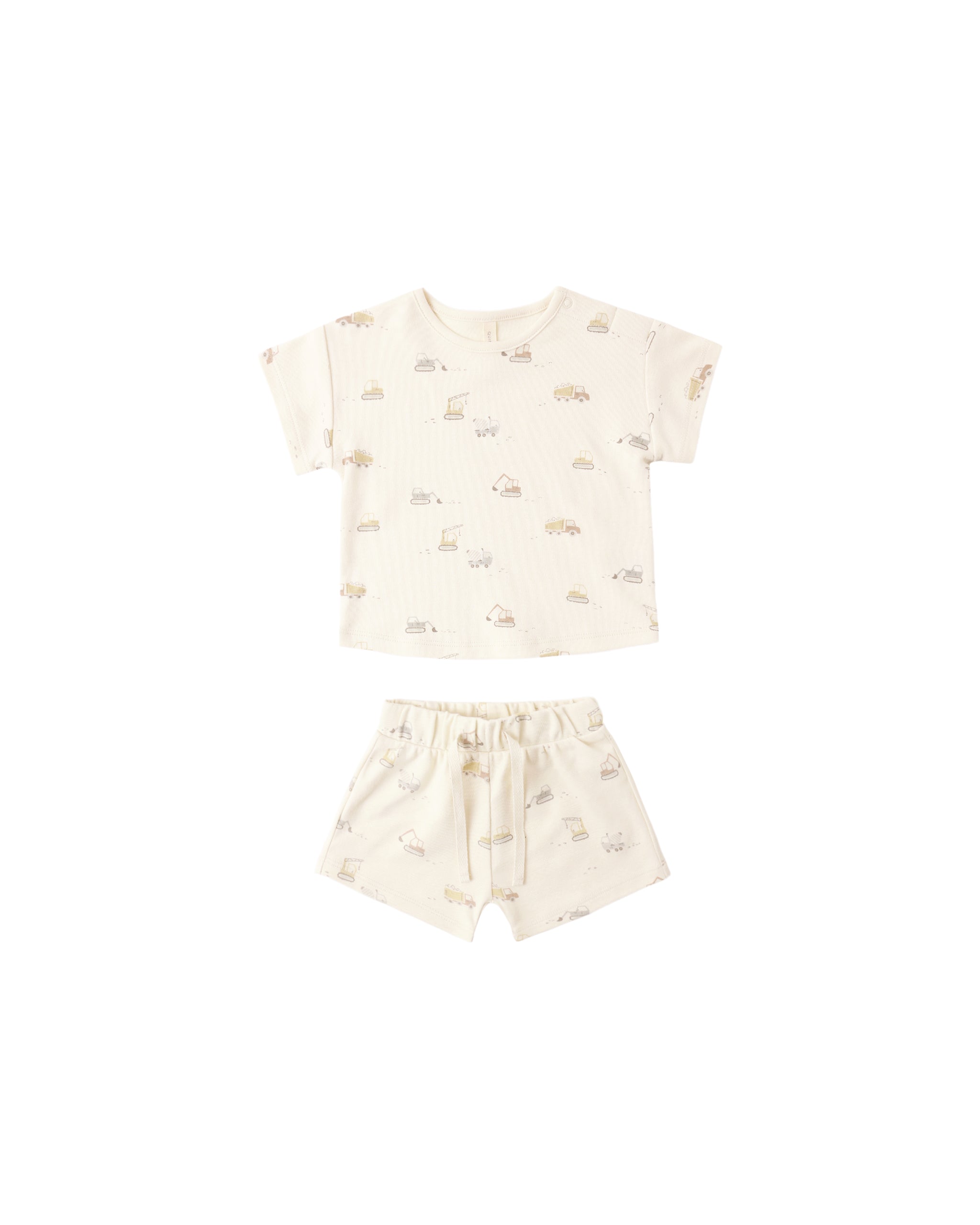 Boys construction truck outfit with a t-shirt and shorts on a white background