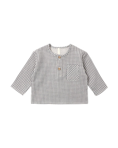 A woven black gingham long-sleeve top featuring front two-button placket and chest pocket on a white background