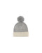A black and cream beanie on a white background