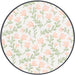 Round fabric sample with floral pattern on a white background