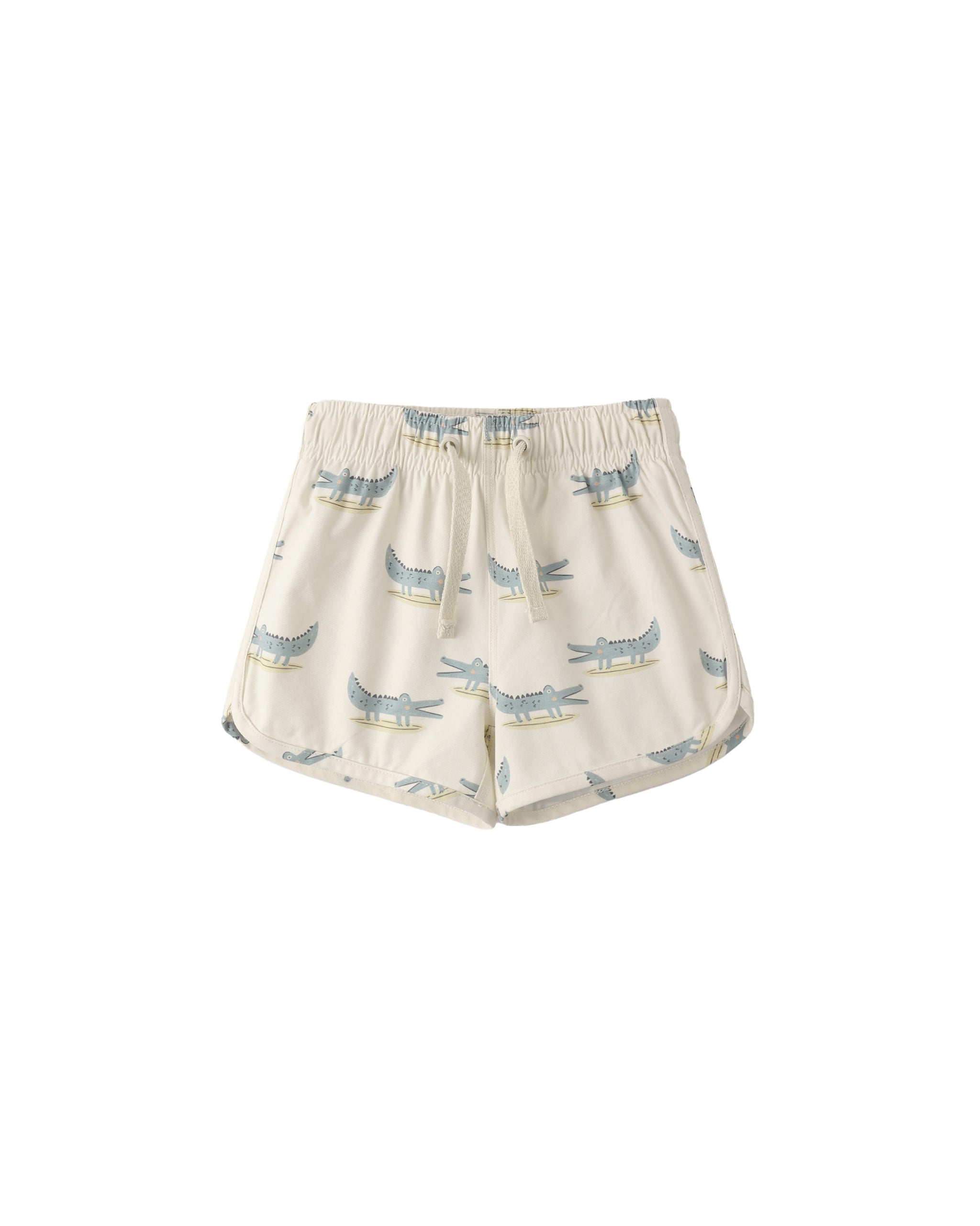 Swim Trunks with alligator pattern on a white background
