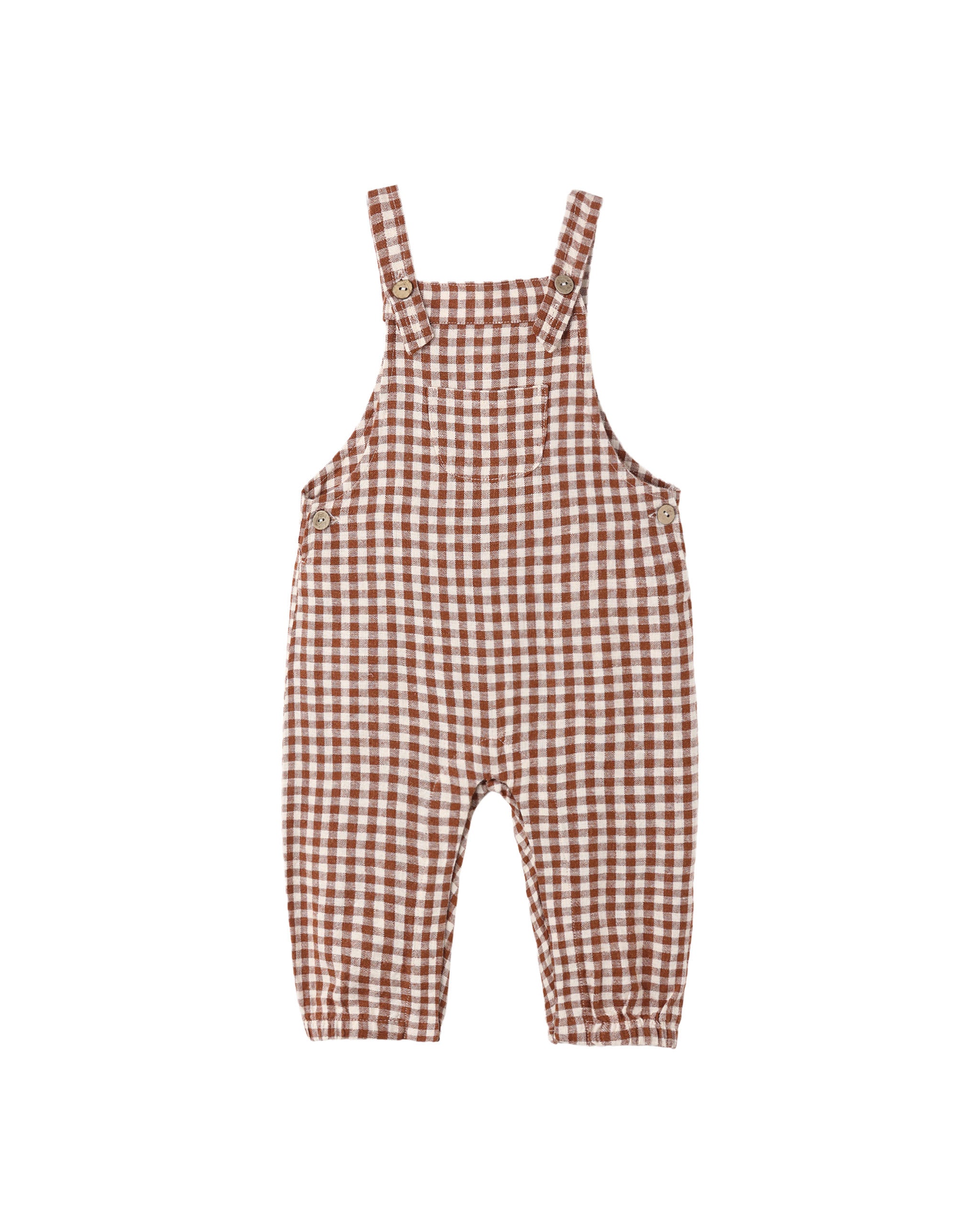 A baby romper in a brown and white gingham check pattern, shown flat against a solid white background.