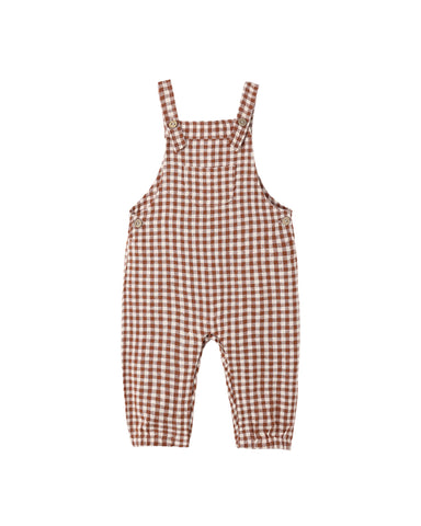 A baby romper in a brown and white gingham check pattern, shown flat against a solid white background.